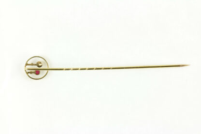 Krawattennadel, Jugendstil, um 1910, 585er Gold, ungestempelt, Goldkreis mit Perle und Rubin, feine Arbeit und Qualität. L: 60 mm, 1 g, Tie pin, Art Nouveau, about 1910, 585 gold, fine work