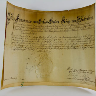 Beförderungsurkunde, 1808, für Ernst Wilhelm Baumbach, Leutnant der Württembergischen Infanterie, handgeschriebene Urkunde mit den Unterschriften des Königs von Württemberg und des Herzogs von Württemberg, guter Zustand, ein Einriss, Knicke. 37 cm x 52 cm.