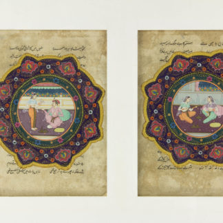 2 Buchseiten, wohl Indien?, 18./19. Jh., höfische Szenen, leicht fleckig eine Darstellung mit kleiner Fehlstelle unter Passepartout. 19 cm x 14 cm. www.beyreuther.de