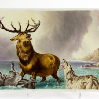 Porzellanplakette, um 1900, nach Sir Edwin Landseer (1803-73), im Wasser stehender Hirsch mit offenem Mund, auf der linken Seite ein im Wasser auf den Rücken liegender Hund, auf der rechten Seite ein bellender Jagdhund, unbeschädigt, feinste Handmalerei, Krakeele in der Glasur. H: 21 cm, B: 32 cm. porcelain plate, about 1900, after Sir Edwin Landseer (1803-73), painted with a stag, standing in water, facing to left, head to right, mouth open. To the left a dog sprawled on its back, paws in the air and to the right a deerhound facing left, barking. Background loch, and a bird in the sky.