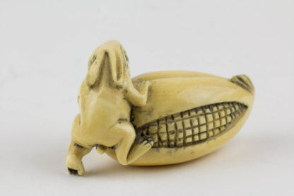 Netsuke, Japan, Meiji Zeit, Elfenbein, Hase auf Maiskolben. L: 5 cm.