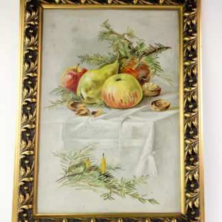 Gemälde, um 1900, Öl auf Pappe, unsigniert, winterliches Stillleben mit Äpfeln, Birnen, Nüssen und Tannenzweigen, vergoldeter Stuckrahmen, guter Zustand. B: 40 cm, H: 54 cm. www.beyreuther.de