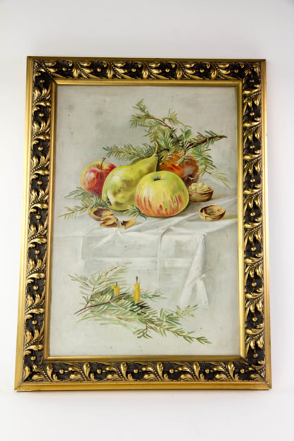 Gemälde, um 1900, Öl auf Pappe, unsigniert, winterliches Stillleben mit Äpfeln, Birnen, Nüssen und Tannenzweigen, vergoldeter Stuckrahmen, guter Zustand. B: 40 cm, H: 54 cm. www.beyreuther.de