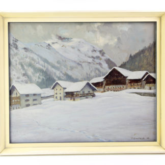 Italien, 1955, signiert P. Castaldi 55, Öl auf Hartfaserplatte, winterliche Hochgebirgslandschaft mit Häusern von St. Jean Gressoney, weißer Rahmen aus den 60er Jahren des 20. Jh., guter Zustand. B: 60 cm, H: 50 cm. www.beyreuther.de