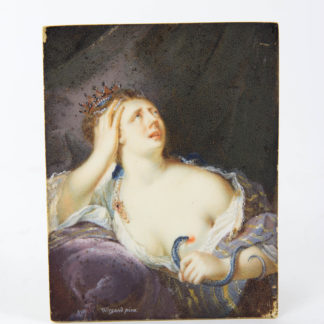 Miniatur, 17./18. Jh., auf Elfenbein,  sig. Christian Friedrich Wiegand (1752-1832, Leipzig), Darstellung des Todes der Kleopatra nach Tischbein den Älteren (1722-1789), hochfeine Malerei, ohne Rahmen, B: 7,5 cm, H: 10 cm. Miniature, signed by Christian Friedrich Wiegand, Leipzig, Germany, death of Cleopatra, very fine painting, used, without frame, B: 7,5 cm, H: 10 cm. www.beyreuther.de