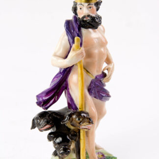 Porzellanfigur, Mitte 18. Jh., gemarkt Meissen, Darstellung des Hades mit Cerberus (Cerebus ist in der griechischen Mythologie ein zumeist mehrköpfiger Höllenhund, der den Eingang zur Unterwelt, und damit des Gott Hades bewacht, damit kein Lebender eindringt), feine polychrome Malerei, restauriert, Marke entfernt, H: 13 cm. www.beyreuther.de