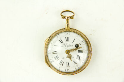 Spindel - Taschenuhr, Frankreich, 18. Jh., 18 Karat Gold, signiert L'Epine A Paris (Jean Antoine Lépine, 1720-1814, einer der größten Uhrmacher seiner Zeit, er soll um die 6000 Uhren hergestellt haben), die Fertigung der Uhr erfolgte zwischen 1762 und 1770, Originalglas, Kette gekürzt, gangfähig, Gebrauchsspuren, für das Alter in einem guten Zustand, 54,5 g, D: 4,5 cm.