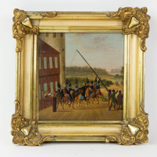 Gemälde, Anf. 19. Jh, Öl auf Blech, zeitgenössische Darstellung des Gefechts bei Ölper am 1.August 1809 zwischen den Napoleonischen Truppen (Westfalen) und der Schwarzen Schar von Herzog Friedrich Wilhelm von Braunschweig, unberührt, mit kleineren Abplatzungen, für die Zeit in einem sehr guten Zustand, Rahmen später und beschädigt, B: 29 cm, H 29 cm.