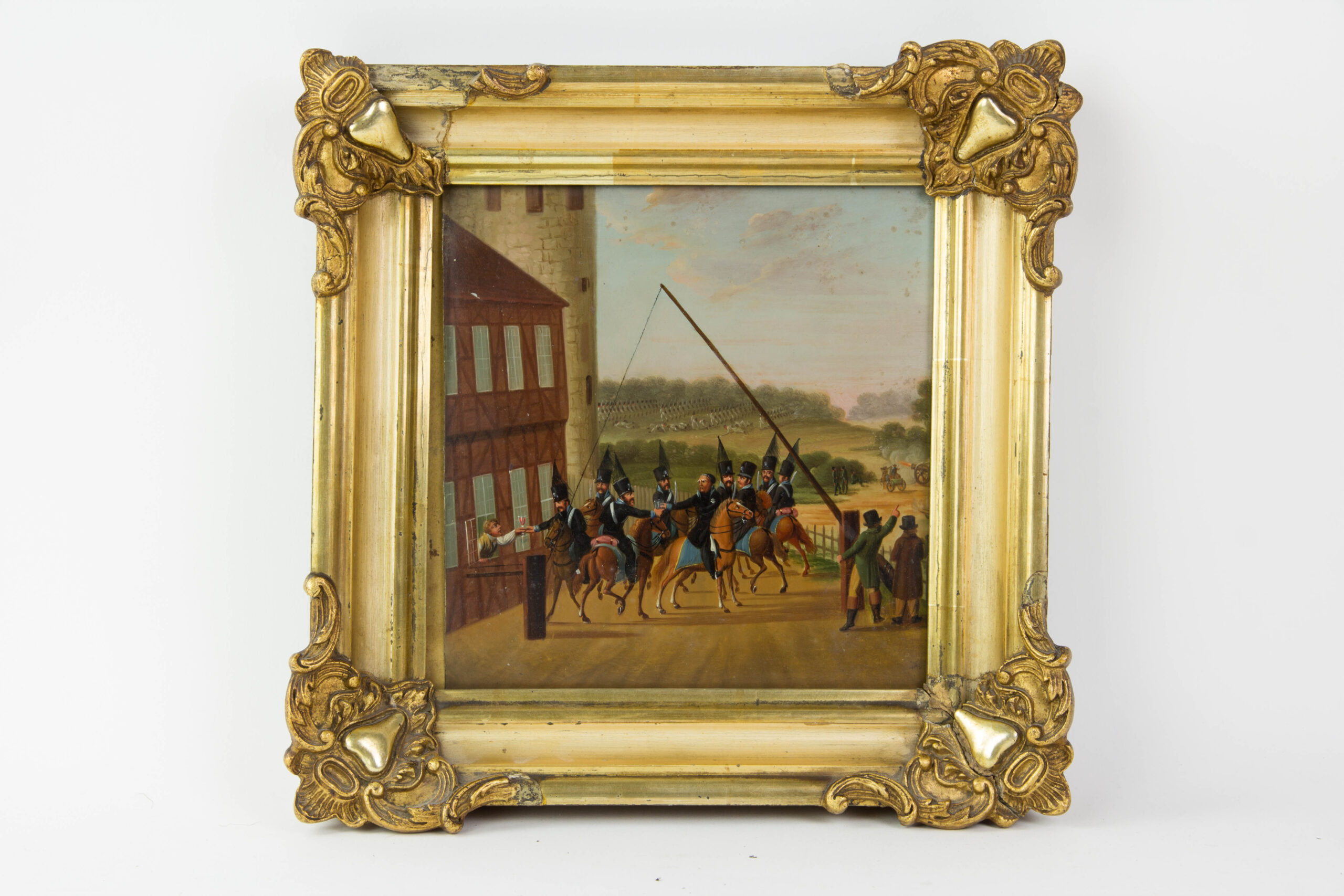 Gemälde, Anf. 19. Jh, Öl auf Blech, zeitgenössische Darstellung des Gefechts bei Ölper am 1.August 1809 zwischen den Napoleonischen Truppen (Westfalen) und der Schwarzen Schar von Herzog Friedrich Wilhelm von Braunschweig, unberührt, mit kleineren Abplatzungen, für die Zeit in einem sehr guten Zustand, Rahmen später und beschädigt, B: 29 cm, H 29 cm.